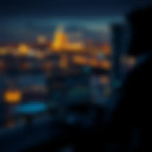 Crypto trading scene at night A person trading cryptocurrency on a laptop with charts and graphs displayed, set against a nighttime city skyline.