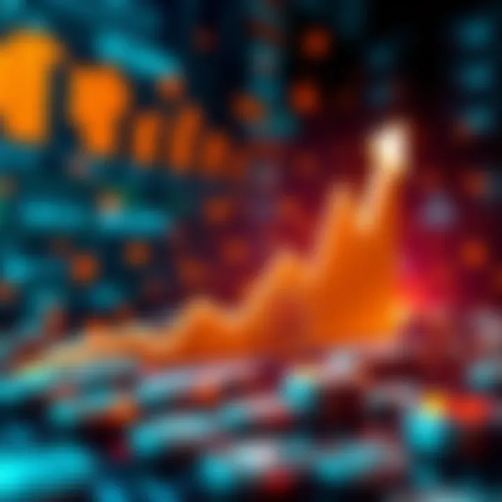 A graphic showing a rising line graph symbolizing monthly returns in cryptocurrency trading with currency symbols around it