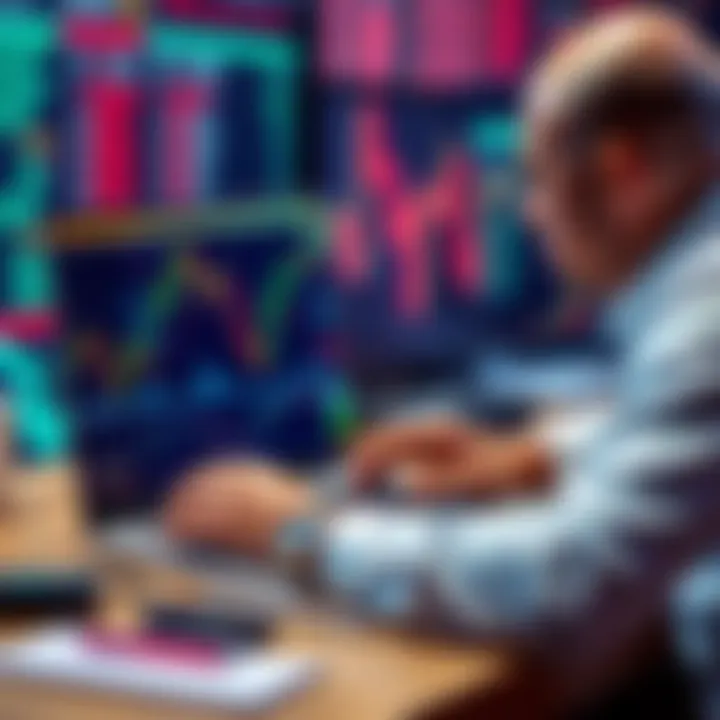 A trader analyzing cryptocurrency charts on a laptop with market data in the background