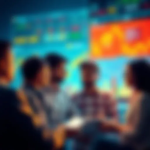 A group of people discussing crypto trading safety precautions with charts and graphs in the background