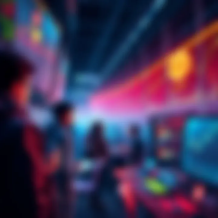 A bustling scene of people trading cryptocurrencies on digital platforms, highlighting excitement and speculation in finance, with charts and graphs in the background.