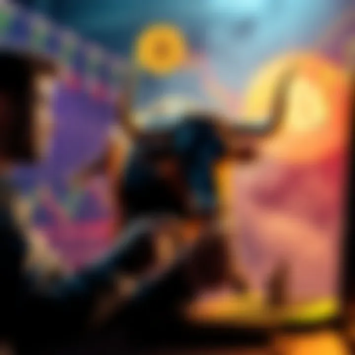 Crypto Trading Strategies A trader analyzing charts with cryptocurrency symbols and a bull in the background, representing profit-taking strategies during a bull run.