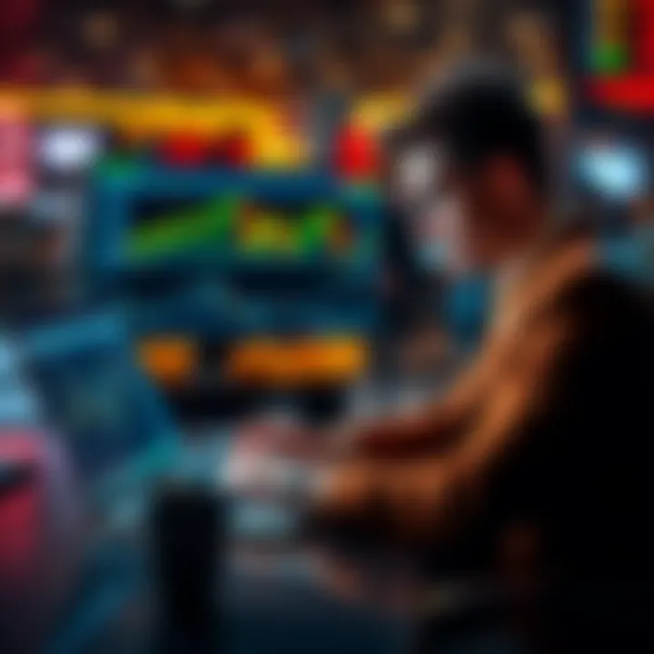 A busy professional looking at cryptocurrency charts on a laptop with a cup of coffee beside them, representing trading strategies for full-time workers.