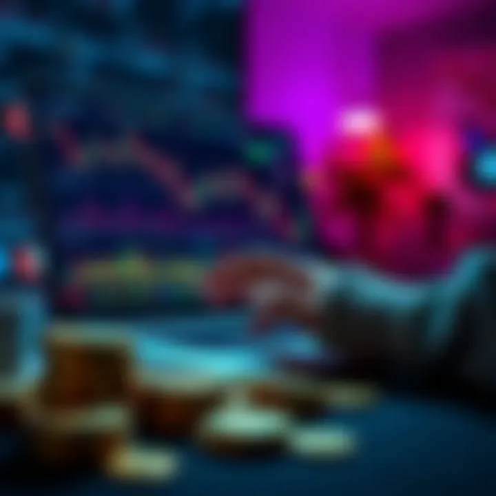 A person analyzing cryptocurrency charts on a laptop with crypto coins in the foreground