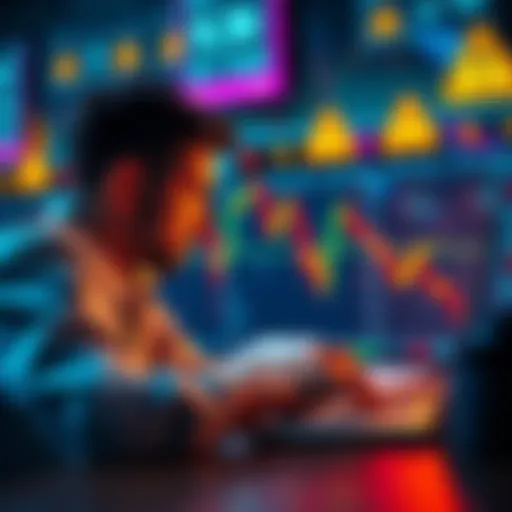 A person analyzing cryptocurrency charts on a laptop, with caution symbols in the background to signify safety in trading.