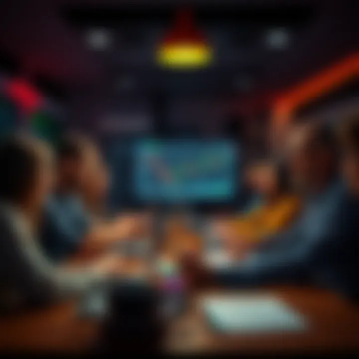 A group of people discussing cryptocurrency trading tips with laptops and charts on the table