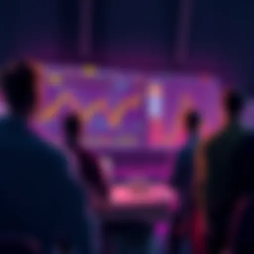 A group of people discussing cryptocurrency trading strategies with charts and graphs displayed on a screen.