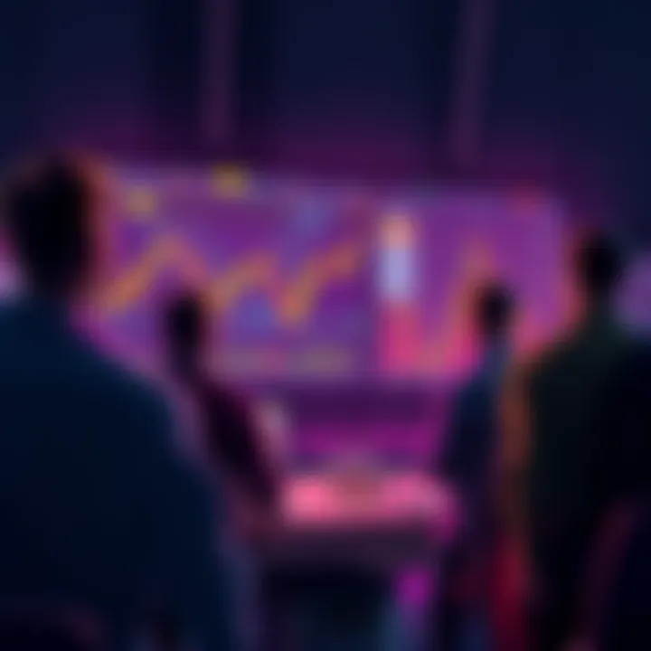 A group of people discussing cryptocurrency trading strategies with charts and graphs displayed on a screen.
