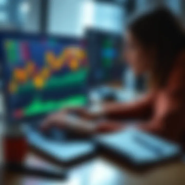 A beginner looking at charts and digital currency icons on a laptop screen, with a notebook and pen beside them