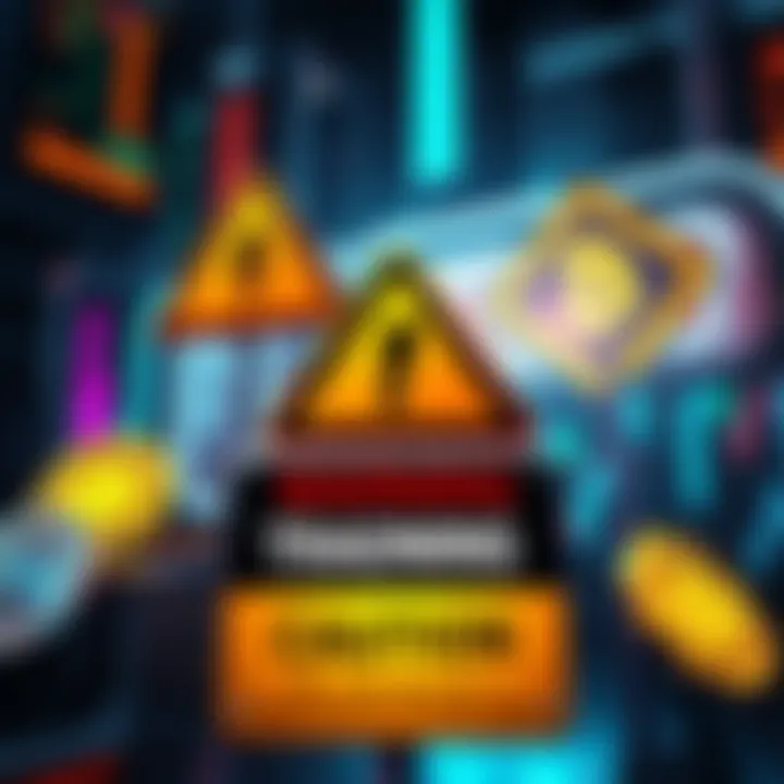 A graphic showing caution signs related to cryptocurrency trading, with symbols of digital coins and a warning label.