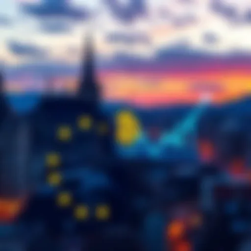 A European city skyline with digital currency symbols and graphs overlay, indicating changes in cryptocurrency transactions after MiCA regulations.