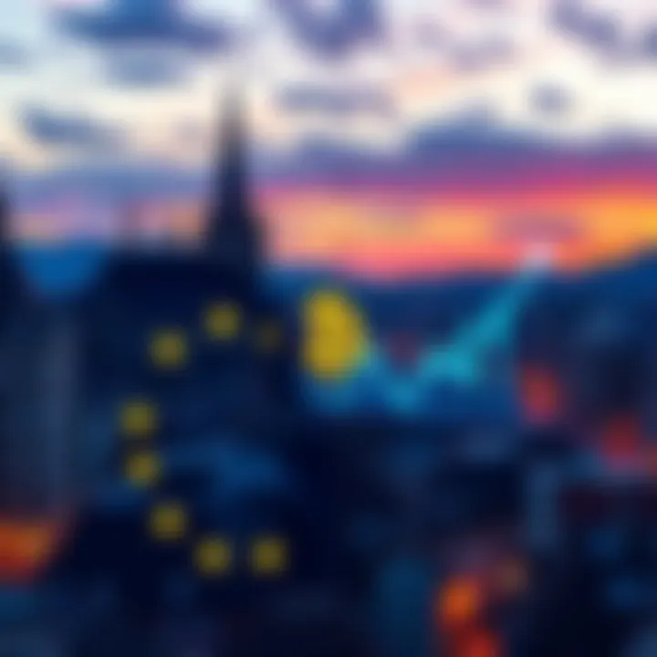 A European city skyline with digital currency symbols and graphs overlay, indicating changes in cryptocurrency transactions after MiCA regulations.