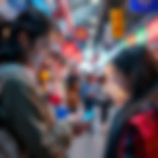 Two women engaging in cryptocurrency transactions on a smartphone in a bustling market setting