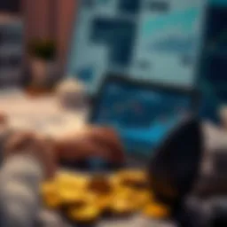 Individual studying cryptocurrency charts and graphs on a laptop, surrounded by financial news articles and digital coins