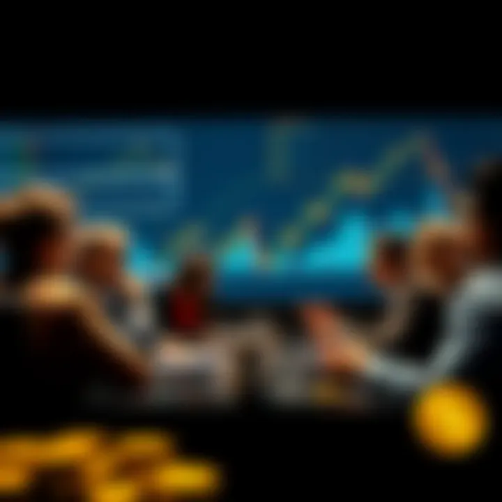 People discussing cryptocurrency trends with charts and graphs in the background