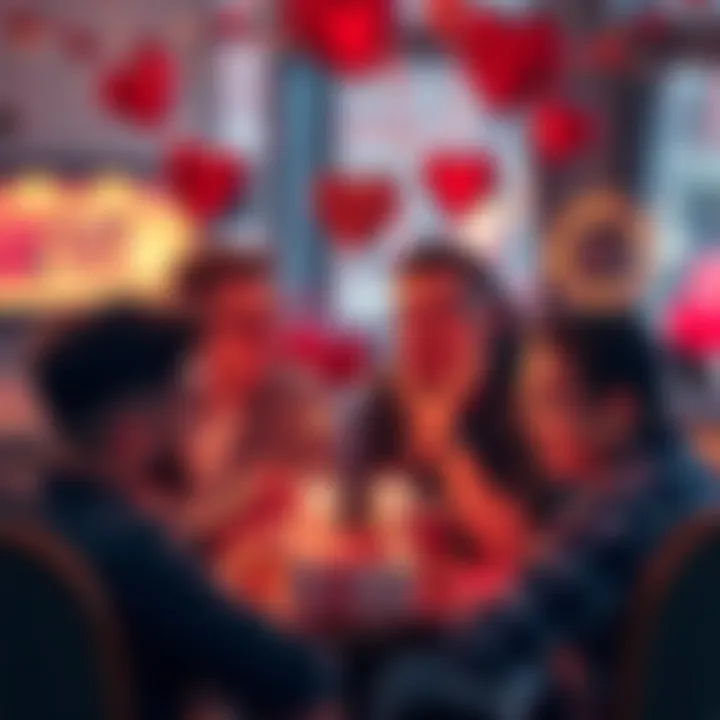 A group of crypto enthusiasts sharing gifts and enjoying Valentine's Day, surrounded by blockchain-themed decorations.