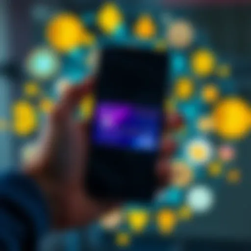 A person holding a smartphone displaying a crypto virtual card on the screen, with symbols of various cryptocurrencies in the background.