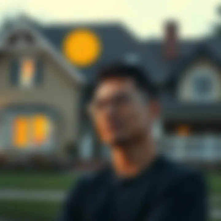 Person considering selling Bitcoin to invest in rental property, with a house image and Bitcoin symbol in the background