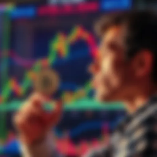 A person contemplating selling Bitcoin and Ethereum for stock market investments, with a graph showing stock market trends in the background.