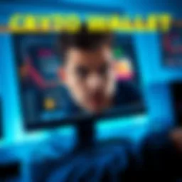 Crypto Wallet on Computer Screen A computer screen showing a crypto wallet app with a shocked trader staring at it, displaying lost assets like $SOL and $ETH.