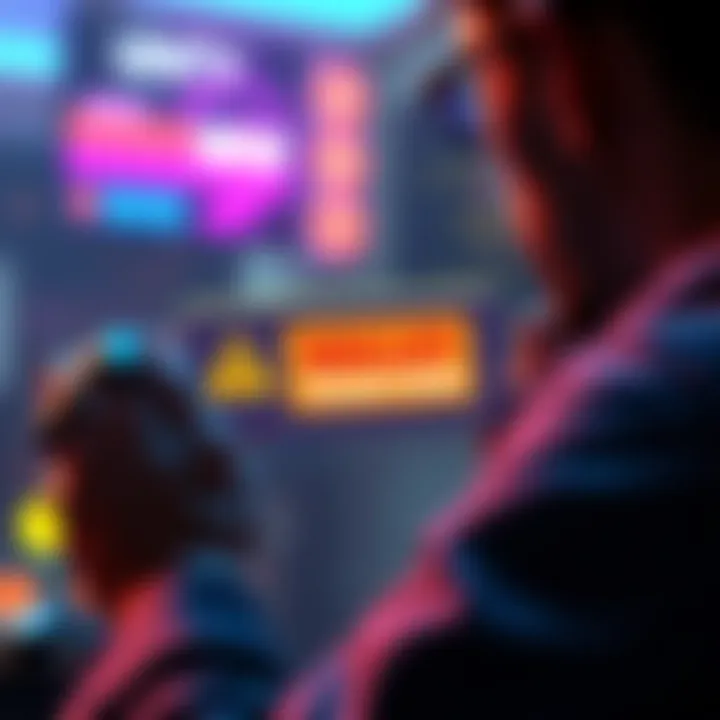 A visual representation of a gamer with a smartphone displaying a crypto wallet, with a warning sign indicating security threats.