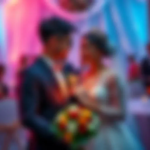 A couple celebrating their wedding with crypto-themed decorations and digital assets