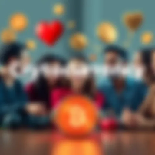 A group of diverse people smiling and engaging in discussions about cryptocurrency, surrounded by symbols of health like a heart and weights.