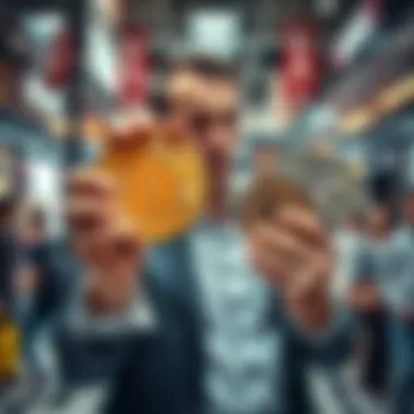 A wealthy individual holding a large Bitcoin in one hand and cash in the other, looking around cautiously in a busy shopping area.
