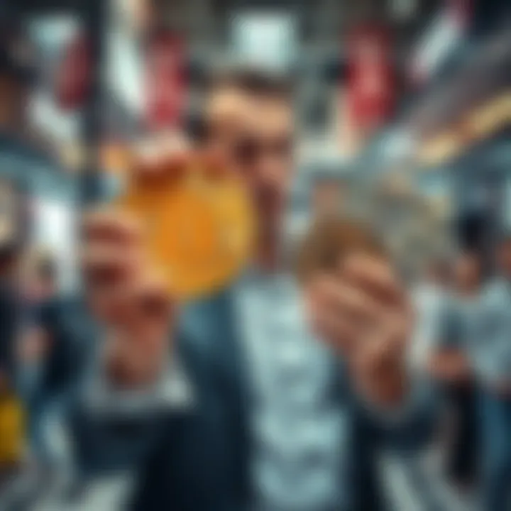 Crypto whale with cash A wealthy individual holding a large Bitcoin in one hand and cash in the other, looking around cautiously in a busy shopping area.