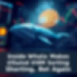 A digital representation of a whale symbolizing a big trader in cryptocurrency, with Bitcoin graphics and financial data charts in the background.