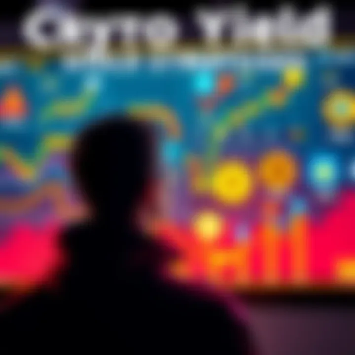 A person looking at various cryptocurrency charts and icons representing lending, staking, and yield farming.