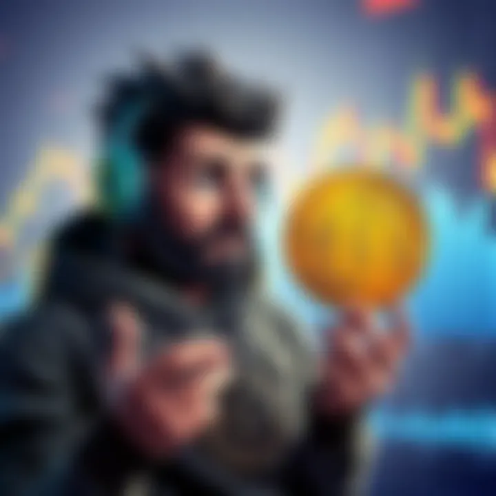 A person representing a cryptobro looking confused while holding a Bitcoin symbol, surrounded by charts showing fluctuating values, questioning the appeal of Bitcoin due to its scarcity.