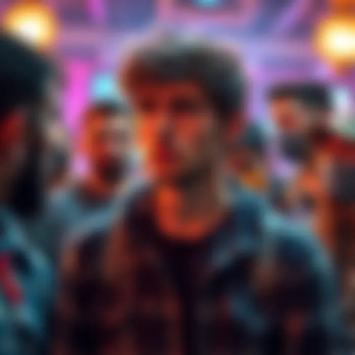 A young man in casual clothing looks anxious while discussing his thoughts with others in a vibrant group setting, highlighting tension and uncertainty.