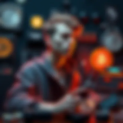 Cryptobro Reflecting on Choices A young man in casual clothing looks contemplative, surrounded by electronic gadgets that aren't Bitcoin-related, showing signs of regret.