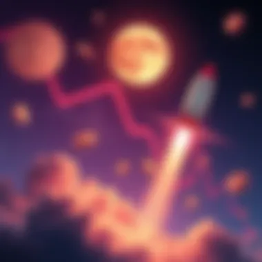 A graphic showing digital coins soaring into the sky with a rocket, symbolizing the rise of cryptocurrency in 2026.
