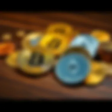 A collection of Bitcoin and Ethereum coins on a wooden surface, highlighting the contrast between digital currency and traditional investments.