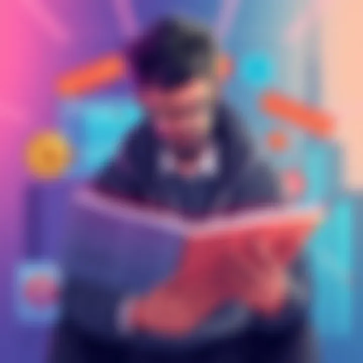 Illustration of a person reading a guide with various cryptocurrency terms like 'Bitcoin' and 'Blockchain' around them