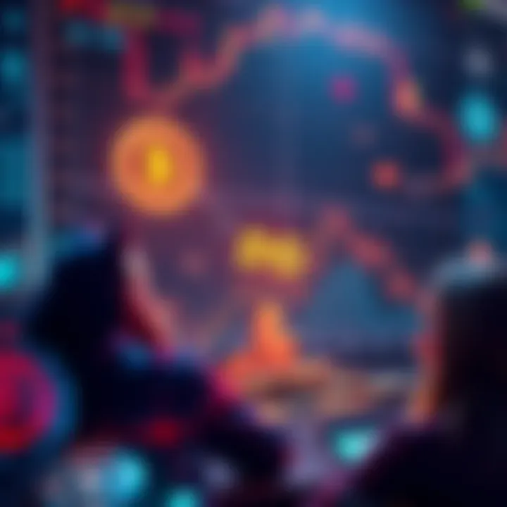 A graph showing the fluctuations in cryptocurrency values with a focus on DG, surrounded by images of coins and worried investors.