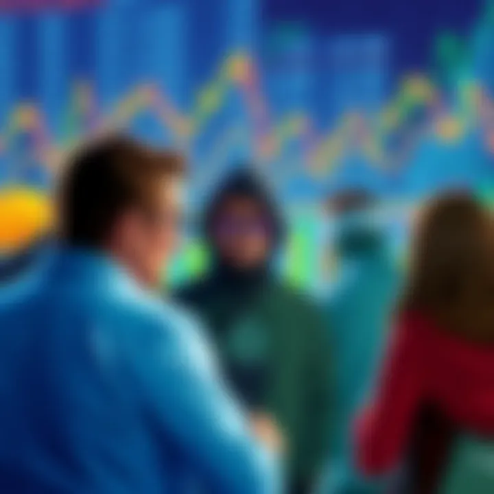 A group of people discussing their cryptocurrency picks, including BTC, ETH, and SOL, with charts and graphs in the background showing market trends.
