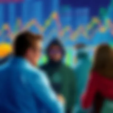 Cryptocurrency choices for the next decade A group of people discussing their cryptocurrency picks, including BTC, ETH, and SOL, with charts and graphs in the background showing market trends.