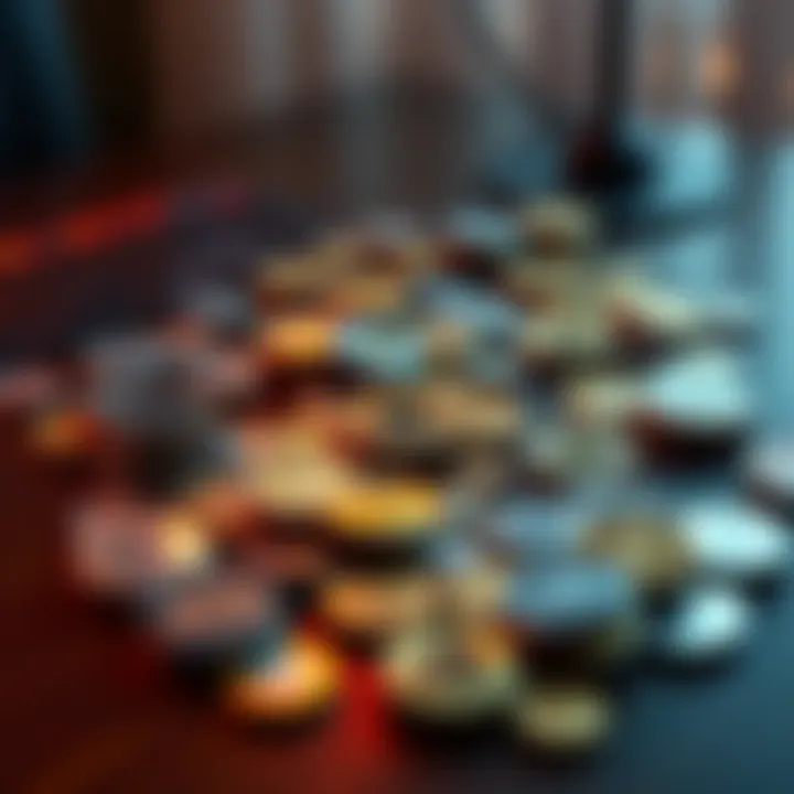 Various cryptocurrency coins spread out on a table, representing the choice between diversifying or investing in one coin.
