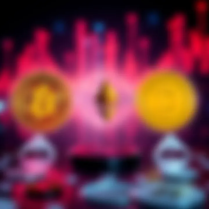 A graphic showing Bitcoin, Ethereum, and Dogecoin logos with arrows indicating investment options.