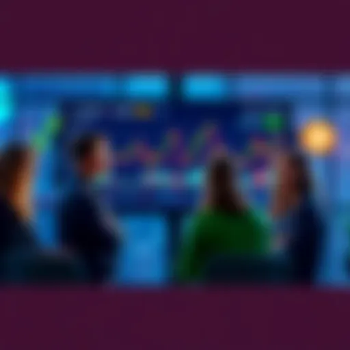 A group of people discussing cryptocurrency tips, with charts and graphs on a screen showing market trends.