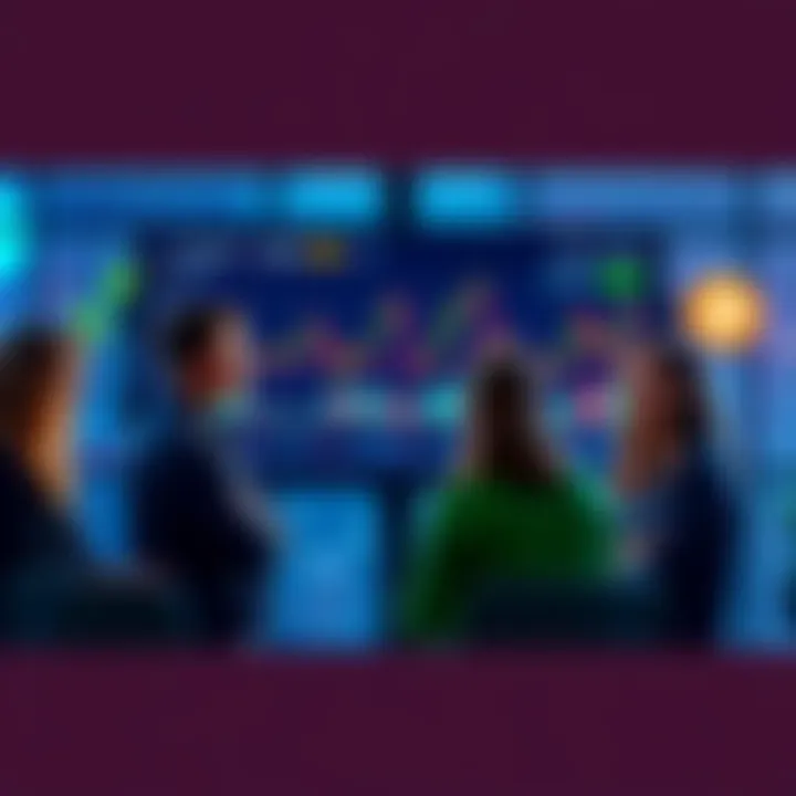 A group of people discussing cryptocurrency tips, with charts and graphs on a screen showing market trends.