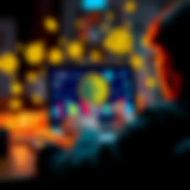 A person watching an educational video about Bitcoin on a laptop, surrounded by cryptocurrency symbols.