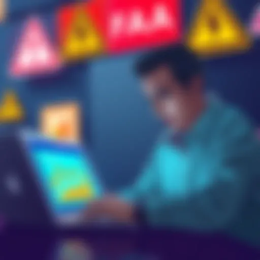A person looking worried while checking cryptocurrency investment on a laptop, with warning signs in the background