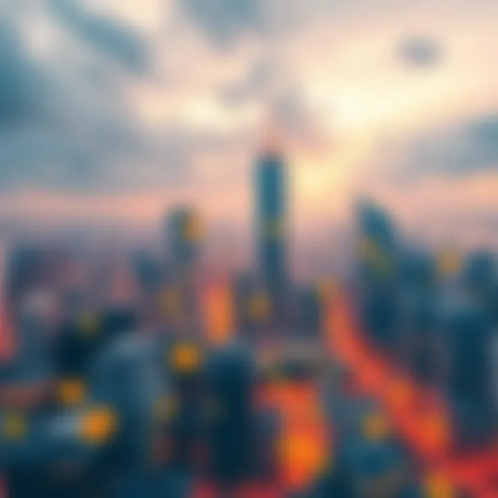 A vibrant city skyline with digital currency symbols overlay, showcasing the integration of cryptocurrency in daily life.