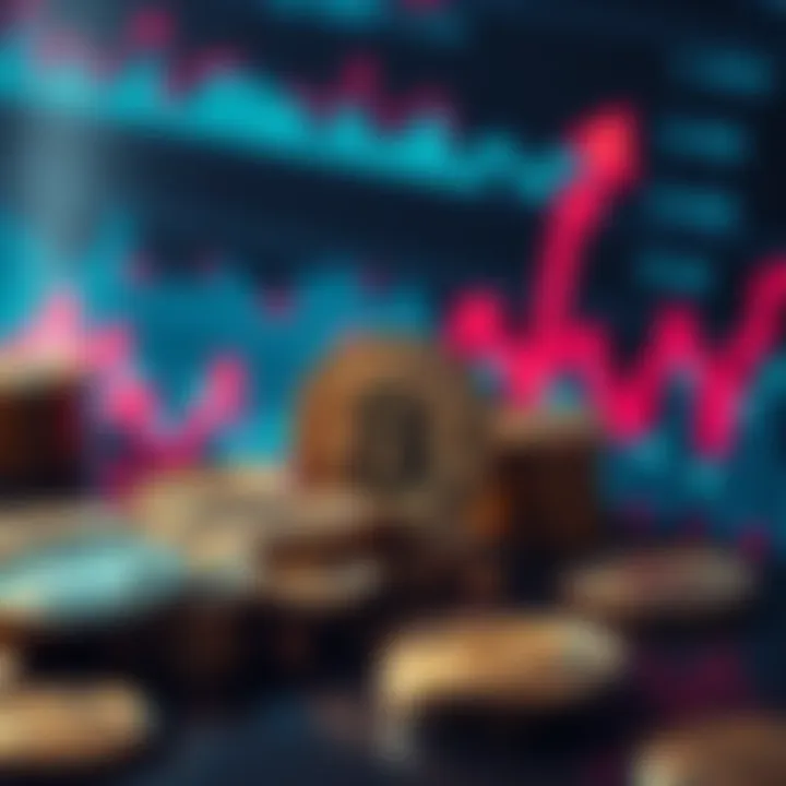 A visual representation of cryptocurrency coins with fluctuating graphs, showing its significant growth and impact on the economy.