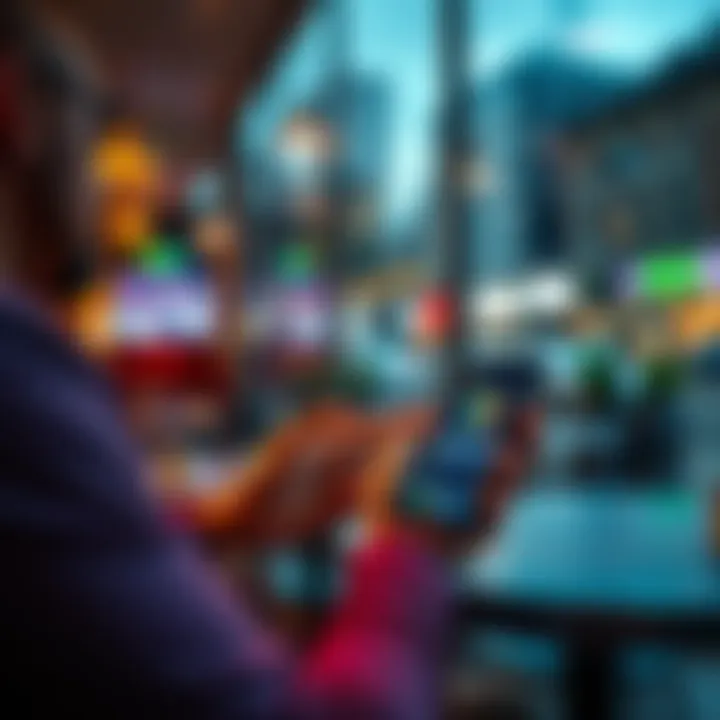 A person using a smartphone to access a cryptocurrency app while sitting at a café, symbolizing the integration of crypto into daily activities.