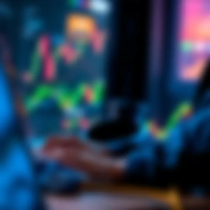 A person analyzing crypto charts on a laptop with coins like Bitcoin and Ethereum visible